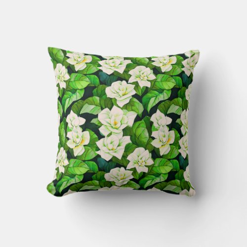 White Gardenias and Jade Green Leaves Throw Pillow