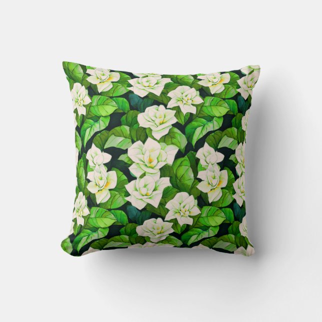 White Gardenias and Jade Green Leaves Throw Pillow (Front)