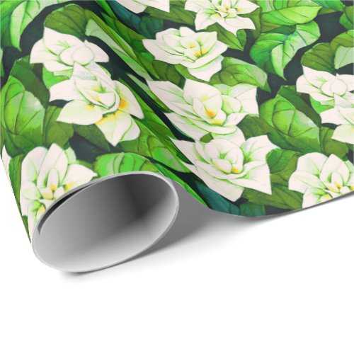 White Gardenias and Jade Green Leaves Wrapping Paper