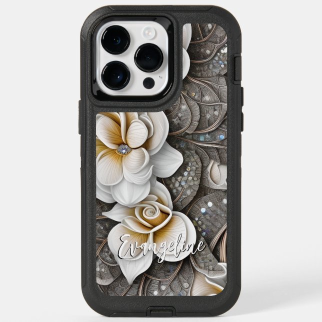 White Gardenias Silver Glitters with Custom Name Otterbox iPhone Case (Back)