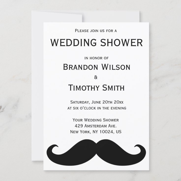 White Gay Wedding Shower Invites With Moustache | Zazzle