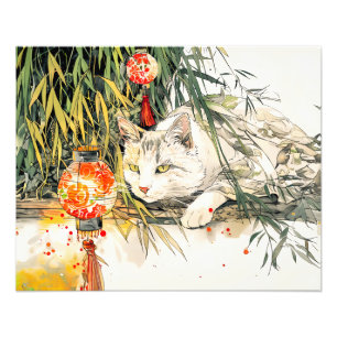 White Geisha Cat with in Bamboo Forest Chinese Ink Photo Print