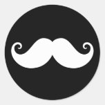White Gentleman Handlebar Mustache On Black Classic Round Sticker at Zazzle