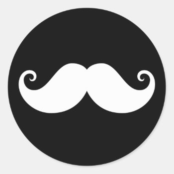 White Gentleman Handlebar Mustache On Black Classic Round Sticker by MustacheGifts at Zazzle