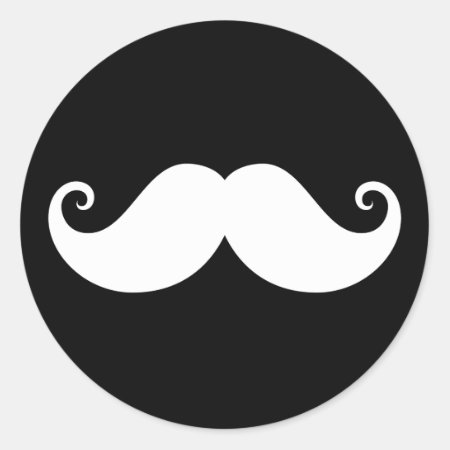 White Gentleman Handlebar Mustache On Black Classic Round Sticker