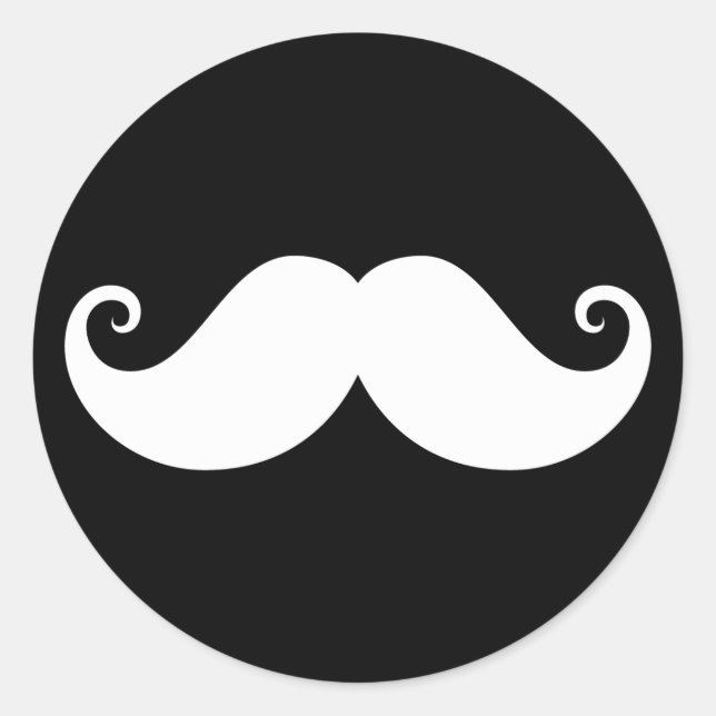 White gentleman handlebar mustache on black classic round sticker (Front)