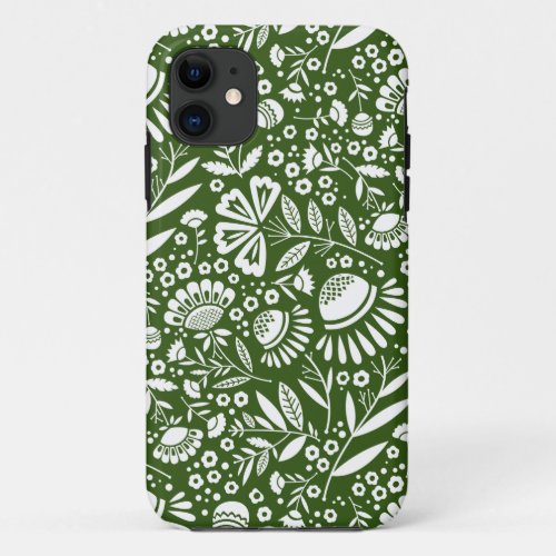 White Geometric Blooms Pattern on Forest Green iPhone 11 Case