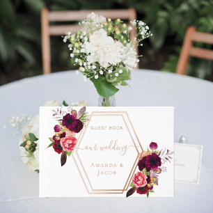 White geometric burgundy pink florals wedding  foil guest book 