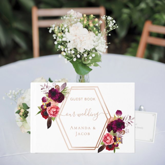 White geometric burgundy pink florals wedding  foil guest book  (Creator Uploaded)