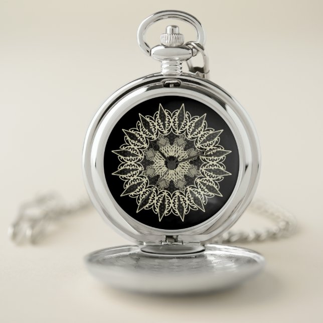 White geometric lace Mandala Pocket Watch (Inside)