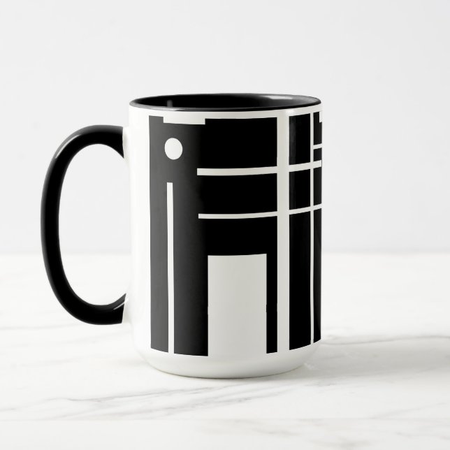 White Geometric Shapes On Black Coffee Mug (Left)