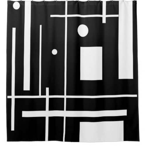 White Geometric Shapes On Black Shower Curtain