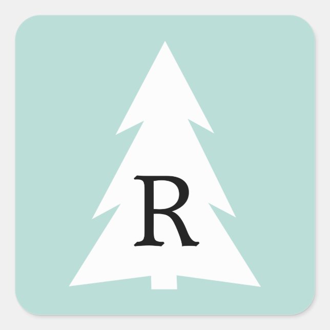 White Geometric Tree on Mint Green Custom Monogram Square Sticker (Front)