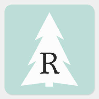 White Geometric Tree on Mint Green Custom Monogram Square Sticker
