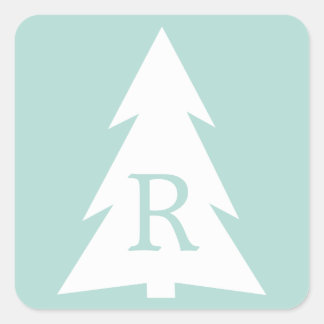 White Geometric Tree on Mint Green, Your Monogram Square Sticker