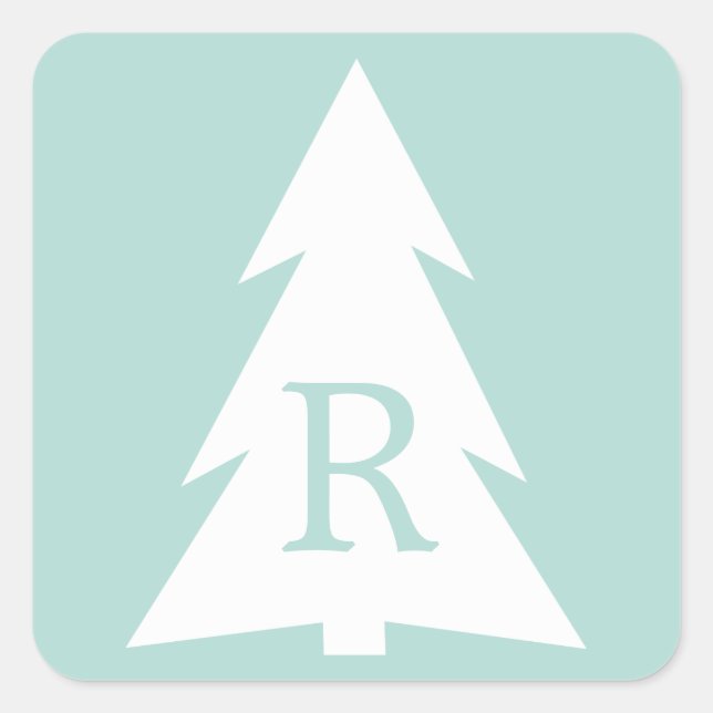 White Geometric Tree on Mint Green, Your Monogram Square Sticker (Front)
