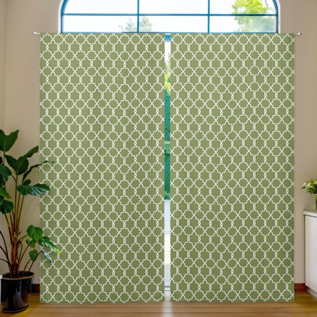 White Geometric Trellis Pattern On Green Blackout Curtains (Living Room)