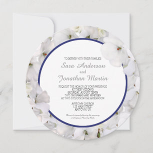 White Geranium & Navy Blue Accent Round Wedding Invitation