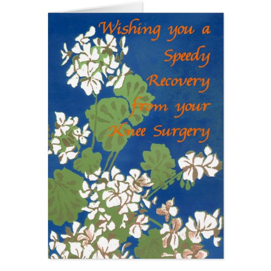 White Geraniums on Blue Get Well Knee Surgery Cards (Front)