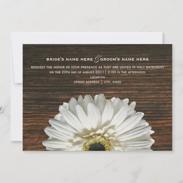 White Gerbera & Barnwood Rustic Wedding Invitation (Front)