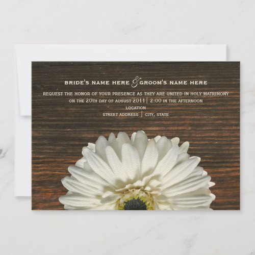 White Gerbera &amp; Barnwood Rustic Wedding Invitation