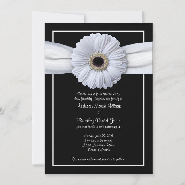 White Gerbera Black Background Wedding Invitation (Front)