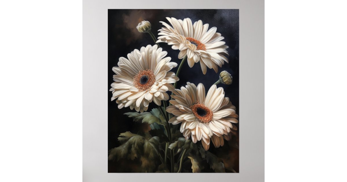 White Gerbera Daisy Flowers Art Print Poster | Zazzle