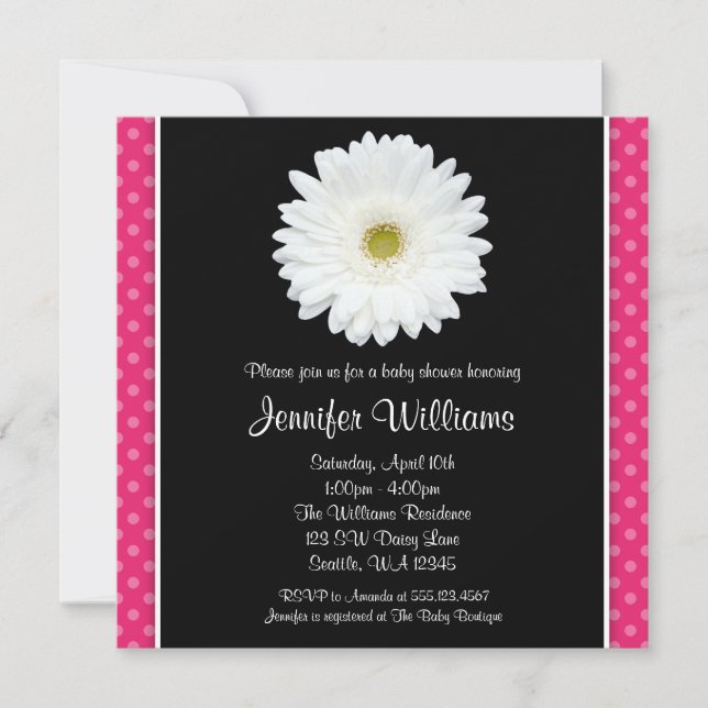 White Gerbera Daisy Pink Polka Dot Baby Shower Invitation (Front)