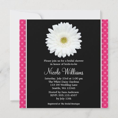 White Gerbera Daisy Pink Polka Dot Bridal Shower Custom Invitation