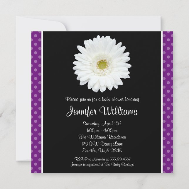 White Gerbera Daisy Purple Polka Dot Baby Shower Invitation (Front)