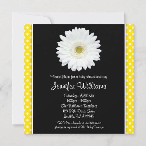 White Gerbera Daisy Yellow Polka Dot Baby Shower Invitation