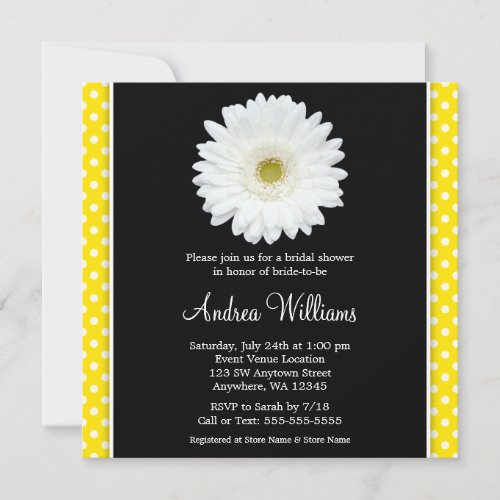 White Gerbera Daisy Yellow Polka Dot Bridal Shower Custom Invitations