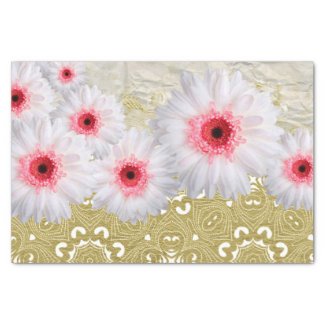 White Gerbera Flowers On Gold White Damask Pattern Tissue Paper