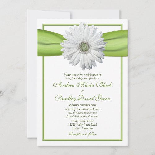 White Gerbera with Green Satin Ribbon Invitation