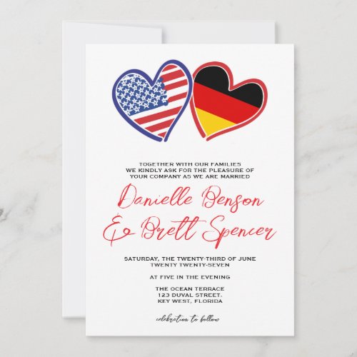 White German American Heart Flag Wedding Invitation