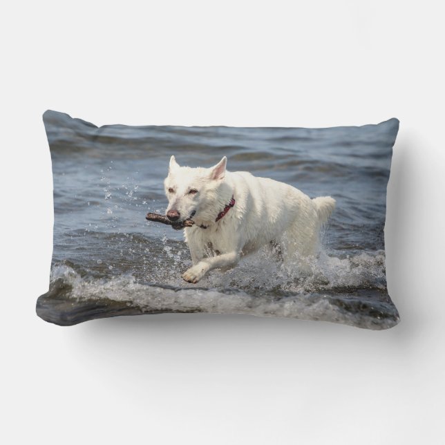 White German Shepard on Lake George Lumbar Pillow (Front)