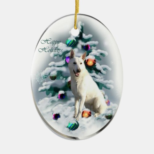 White German Shepherd Christmas Ceramic Ornament