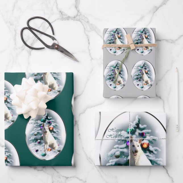 White German Shepherd Christmas Wrapping Paper Sheets (Front)