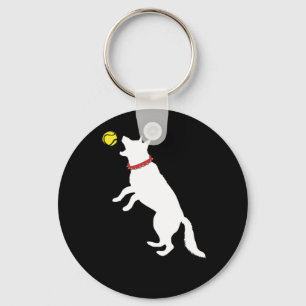 White German Shepherd Dog GSD Catching Yellow Keychain