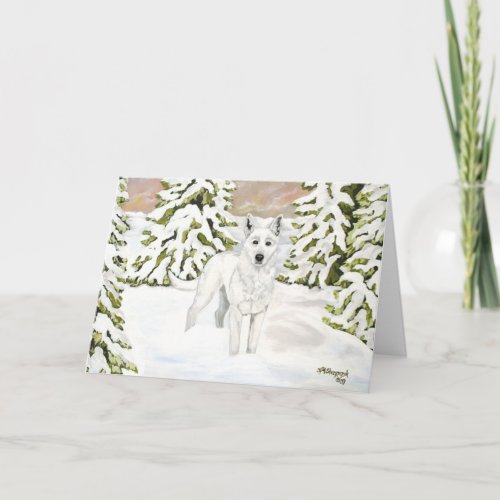 White German Shepherd Dog in Winter Snow Card