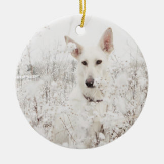 White German Shepherd in the Snow Ceramic Ornament
