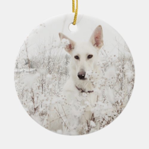 White German Shepherd in the Snow Ceramic Ornament