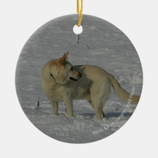 White German Shepherd  in the Snow Ceramic Ornament (Front)