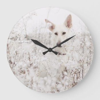 White German Shepherd In The Snow Large Clock by PaintingPony at Zazzle