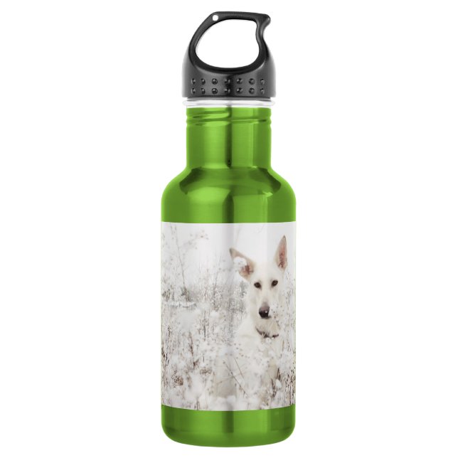 White German Shepherd in the Snow Stainless Steel Water Bottle (Front)