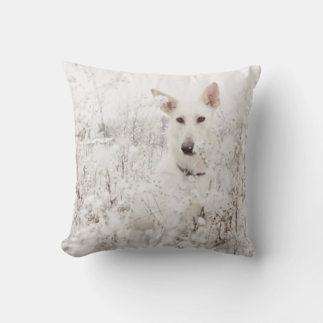 White German Shepherd in the Snow Throw Pillow (Front)
