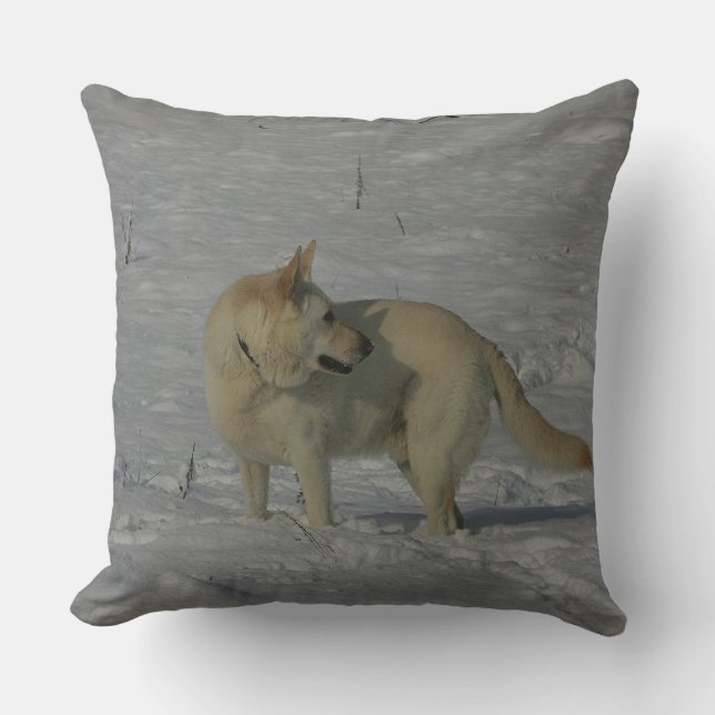 White German Shepherd  in the Snow Throw Pillow (Front)