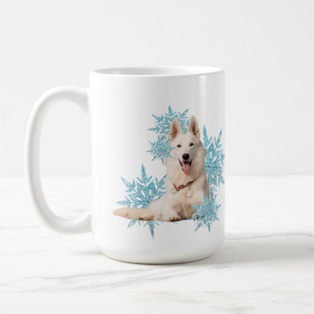 White German Shepherd laying in the Snowflakes  Coffee Mug (Left)