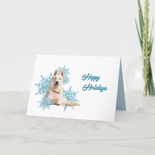 White German Shepherd laying in the Snowflakes Hol Holiday Card