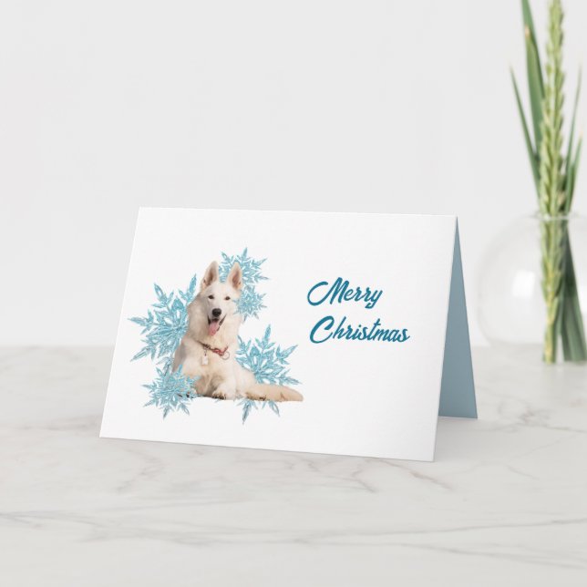 White German Shepherd laying in the Snowflakes  Holiday Card (Front)